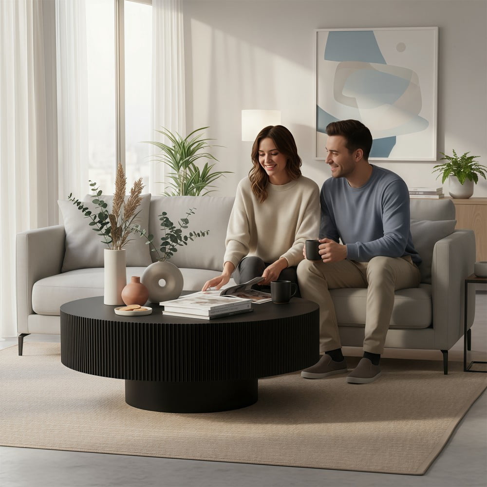 Round Fluted Coffee Table, Modern Pedestal Coffee Table for Living Room, Mid Century Modern Side Table, Small Space Accent Table, Black