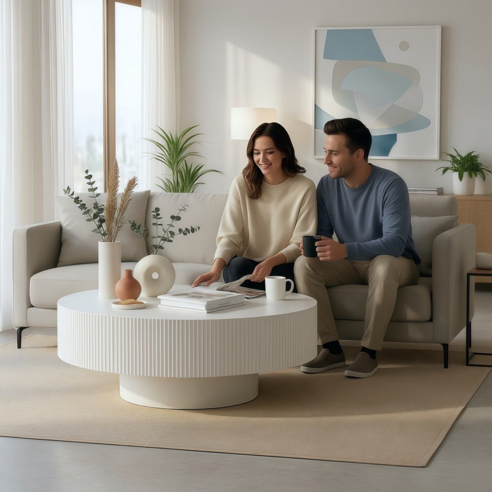 Round Fluted Coffee Table, Modern Pedestal Coffee Table for Living Room, Mid Century Modern Side Table, Small Space Accent Table, White
