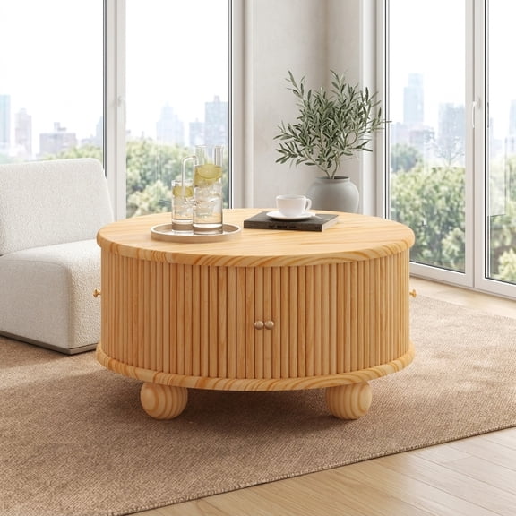 Round Fluted Coffee Table with Storage - Natural Solid Pine Wood Modern Center Table