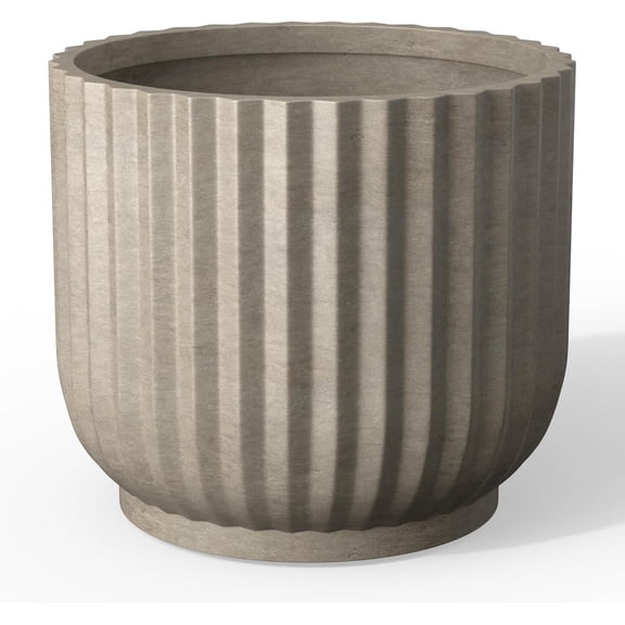 Round Fluted Concrete Planter with Drainage Hole and Rubber Plug, 11 Inch Diameter, Weathered Concrete