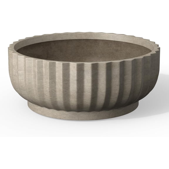 Round Fluted Concrete Planter with Drainage Hole and Rubber Plug, 14.6 Inch Diameter, Weathered Concrete