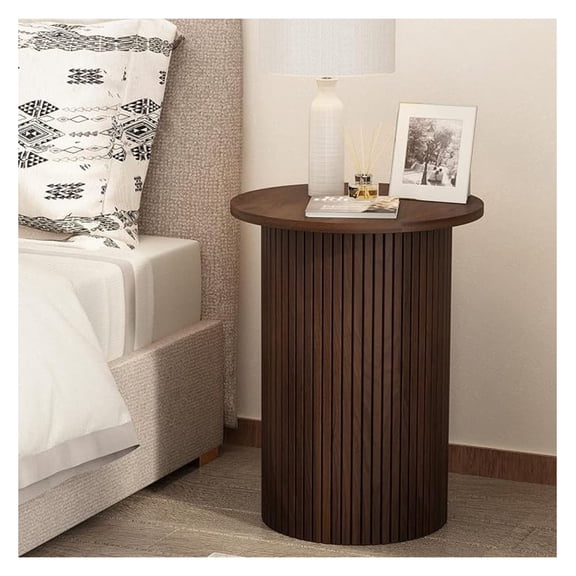 Round Fluted End Table, Small Side Table, Wood Nightstand, Pedestal Accent Table for Living Room & Bedroom, Farmhouse Decor, Brown
