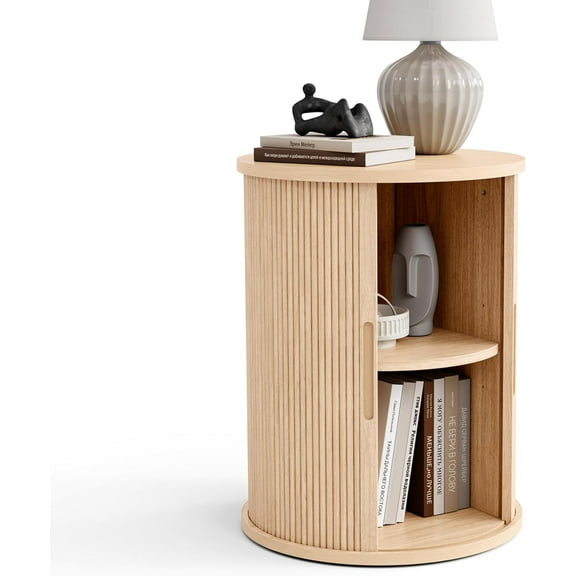 Round Fluted End Table, Tall Side Table with Sliding Tambour Door and Storage Shelf, Modern Bedside Table, Mid - Century Nightstand for Living Room, Bedroom, Oak