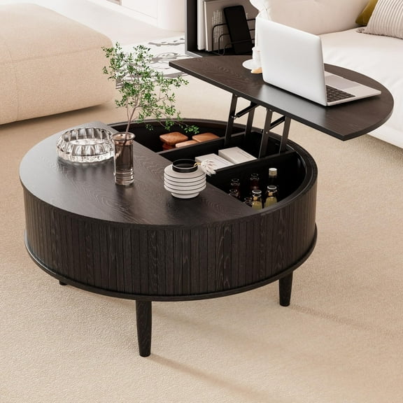 Fsbecl Mid-Century Fluted Wood Coffee Table with Storage, Black