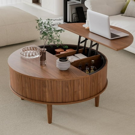 Fsbecl Mid-Century Modern Semicircle Wood Coffee Table with Storage, Walnut