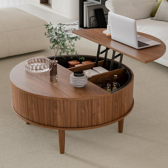 Fsbecl Mid-Century Modern Semicircle Wood Coffee Table with Storage, Walnut