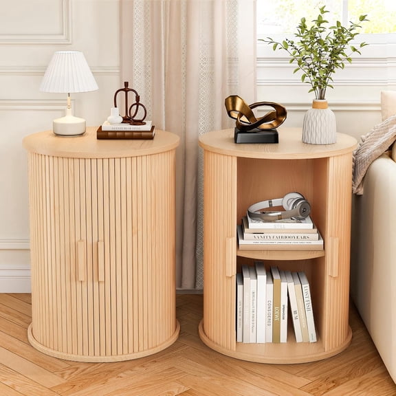 Round Fluted End Table Set of 2, NEORIVER Tall Side Table with Sliding Tambour Door and Adjustable Storage Shelf, Modern Bedside Table, Nightstand for Living Room, Bedroom