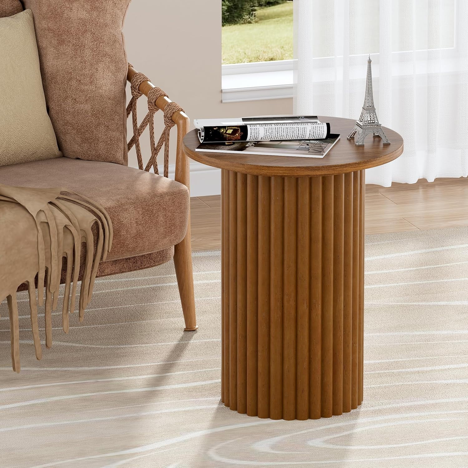 Round Fluted Side Table, 15 inch Wide Wood Pedestal Side Table, Modern