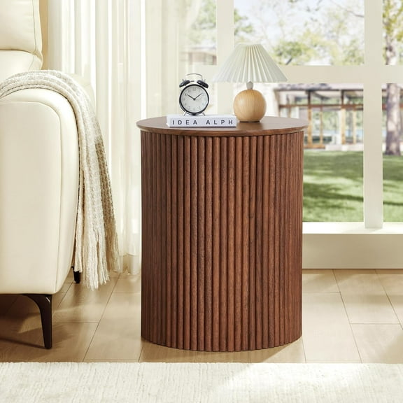 Round Fluted Side Table, 17.7" Mid-Century Modern End Tables, Wooden Bedside Table Round Nightstand Small Circle Sofa Accent Table for Living Room, Bedroom Home (Walnut)