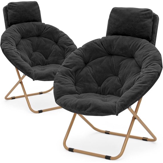 Round Foldable Oversized Moon Saucer Chair for Adults with Head Rest Large Cozy Chair for Bedroom, Black, Set of 2