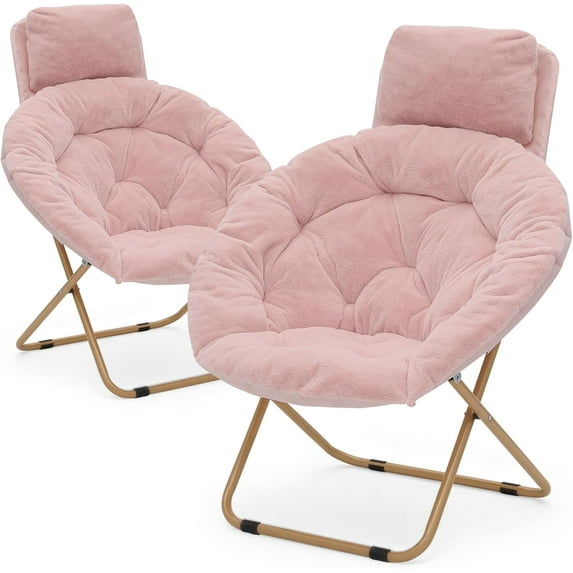 Round Foldable Oversized Moon Saucer Chair for Adults with Head Rest Large Cozy Chair for Bedroom, Light Pink, Set of 2