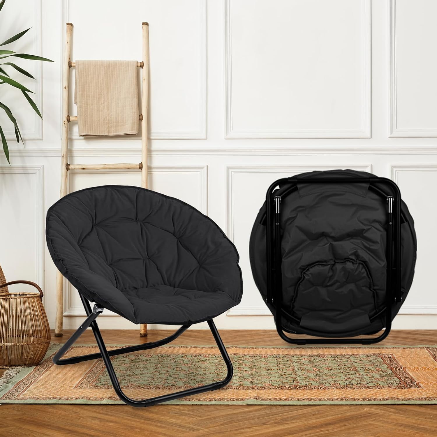Round Foldable Saucer Chair Capacity Cozy Chair with Black Metal Frame ...