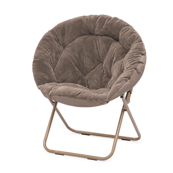 Round Folding Faux Fur Saucer Chair for Bedroom Living Room Dorm Garden Courtyard Foldable Metal Frame Oversized Large Comfy Furry Padded Soft Lounge Lazy Cozy Moon Chair for Adults (Beige)