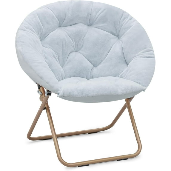 Round Folding Faux Fur Saucer Chair,Moon Chair for Bedroom Living Room Dorm Garden Courtyard Foldable Metal Frame Oversized Large Comfy Furry Padded Soft Lazy Cozy Lounge Chair for Adults,Light Blue