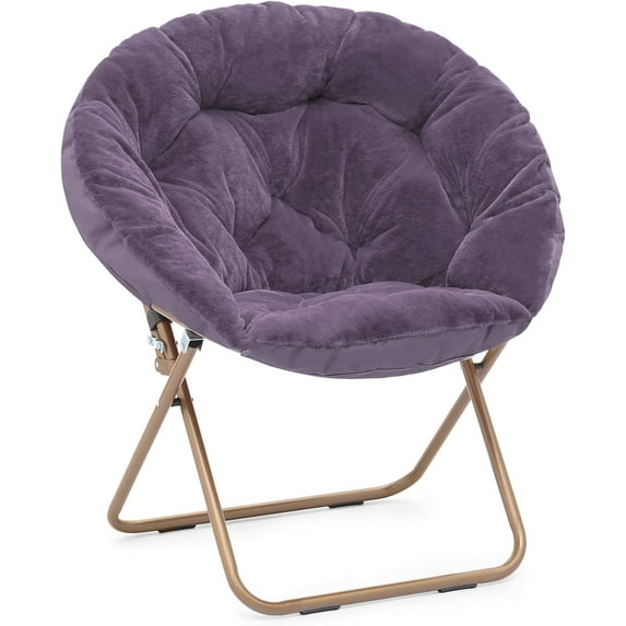 Round Folding Faux Fur Saucer Chair,Moon Chair for Bedroom Living Room Dorm Garden Courtyard Foldable Metal Frame Oversized Large Comfy Furry Padded Soft Lazy Cozy Lounge Chair for Adults,Purple