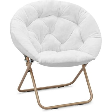 Round Folding Faux Fur Saucer Chair,Moon Chair for Bedroom Living Room Dorm Garden Courtyard Foldable Metal Frame Oversized Large Comfy Furry Padded Soft Lazy Cozy Lounge Chair for Adults,White