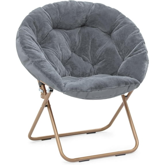 Round Folding Faux Fur Saucer Chair,Moon Chair for Bedroom Living Room Dorm Garden Courtyard Foldable Metal Frame Oversized Large Comfy Furry Padded Soft Lazy Cozy Lounge Chair for Adults,Grey