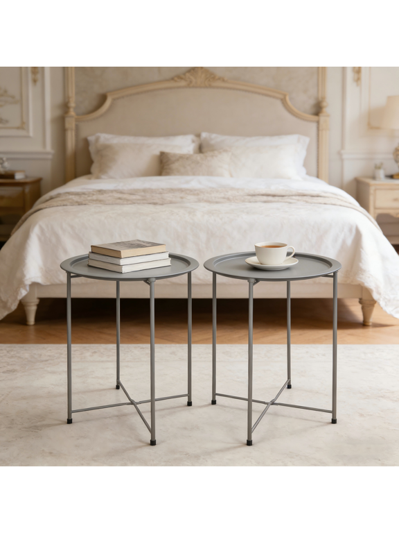 Round Folding Metal Side Table Set of 2, Portable Foldable End Table, Accent Snack Tray Table for Living Room & Bedroom