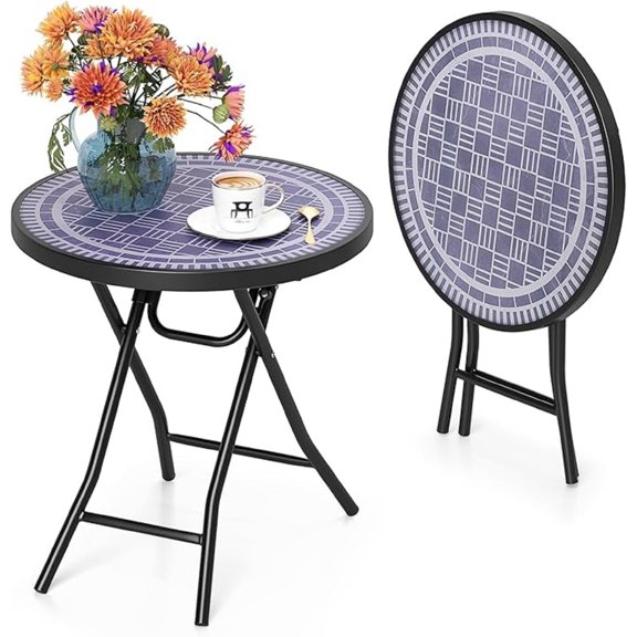 Round Folding Side Table, 18 Inch Patio Coffee Table with Tempered Glass Tabletop and Metal Frame, Indoor Outdoor Small Side Table for Yard, Balcony, Porch, Poolside (Grey,1)