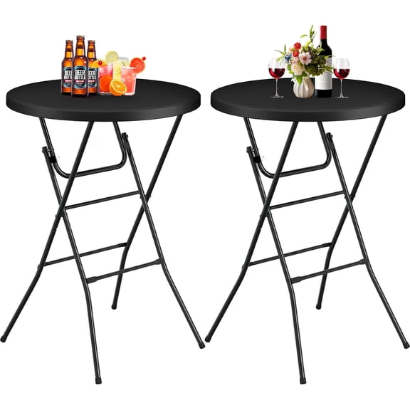 Round Folding Table, 32" Bar Height Tables for Parties and Commercial Events, Portable Plastic Table w/Thick Table Top, Metal Frame, Locking Legs, Indoor Outdoor Accessory, 2 Pack, Black