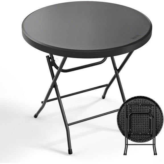Round Folding Table 32 inch, HDPE Plastic Small Tabletop with Steel Frame Foldable Card Table for Indoor Outdoor Outside Dining, Party and Commercial Event, Black