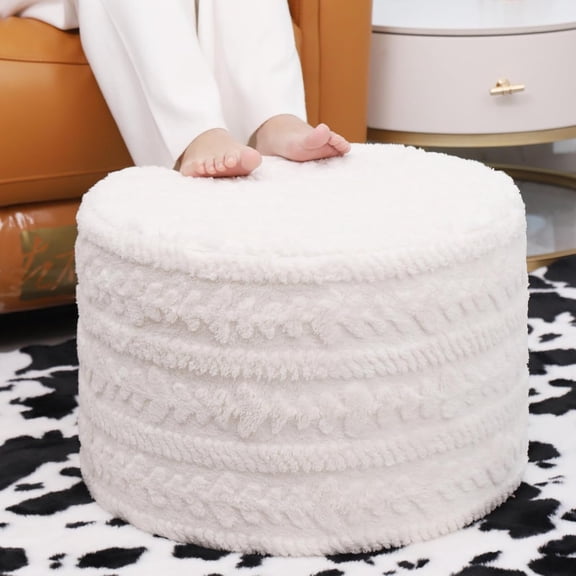 Round Footstool Ottoman, 20x14 Inches Multi-Functional Modern Foot Stool,Floor Poufs, Sofa Footrest Extra Seating for Living Room, Entryway, Hallways and Bedrooms (Ivory)