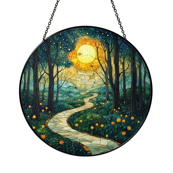Round Forest Moon Stained Glass Suncatcher Window Hanging Decorative Firefly Panel for Home Decor Woodland Theme