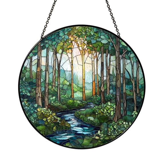 Round Forest Stained Glass Window Suncatcher, Stream Landscape Design for Calm Woodland Home Accent