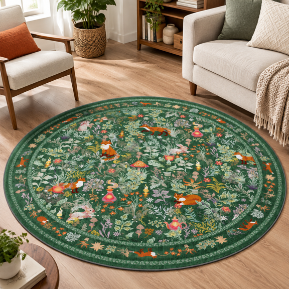 Round Fox Area Rugs 6ft Botanical Jungle Living Room Bedroom Circle Non Slip Washable Fantasyl Print Floor Carpet For Dining Play