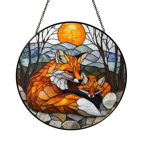 Round Fox Family Sun Catcher Stained Glass Style Forest Animal Window Hanging