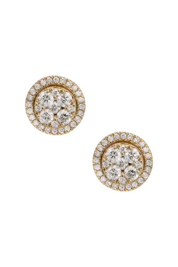 Round Frame Cluster Diamond Stud Unisex Adult Earrings 1.03ct 14K Yellow Gold, 3.16 Gr Goldum NYC