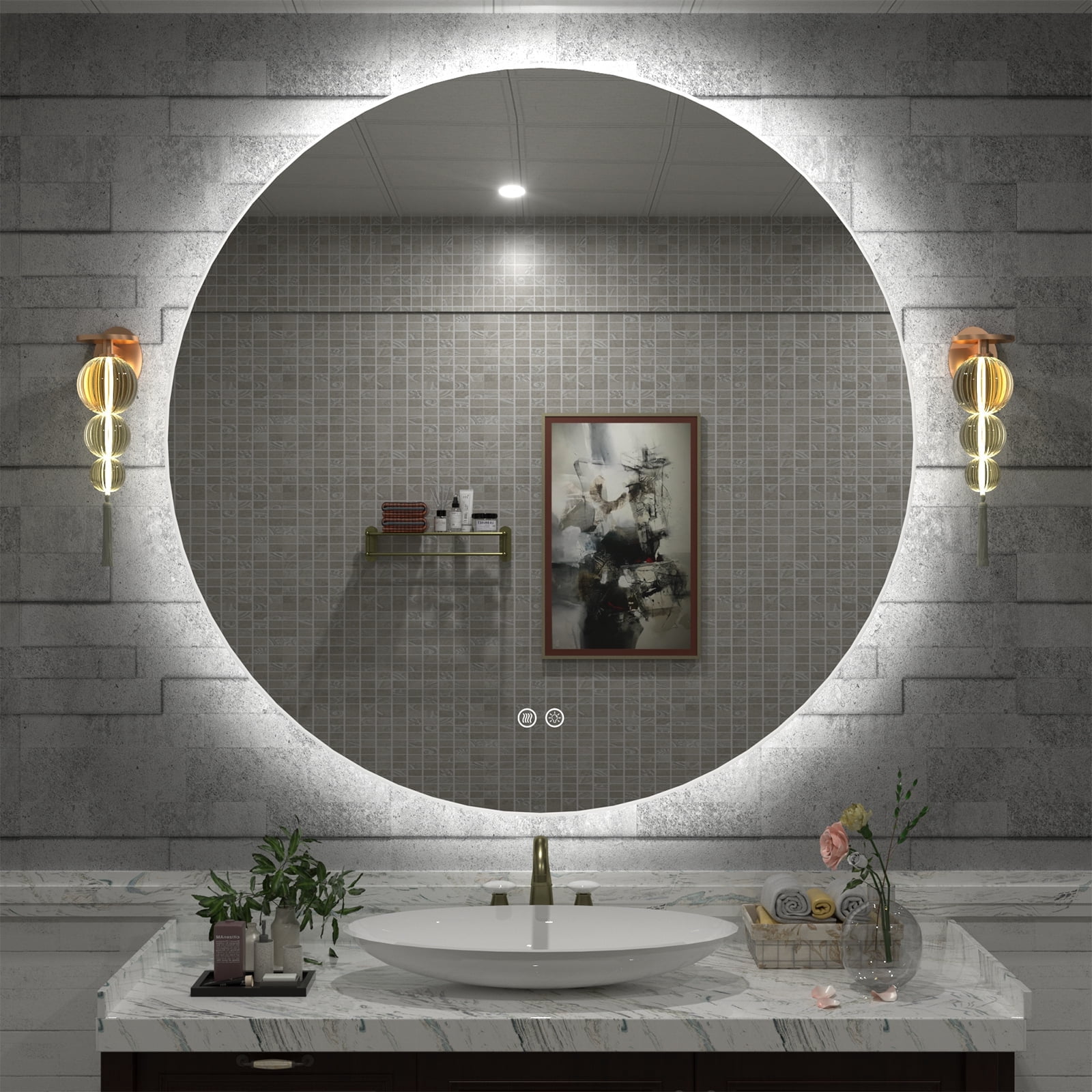 Apmir 20 Inch Round LED Wall Mirror with Backlit, Frameless LED Anti-Fog Bathroom Vanity Mirror ...