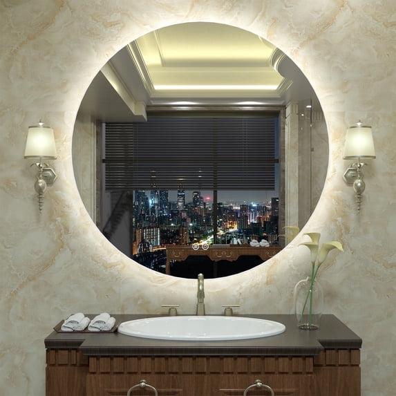 28 Inch Backlit Round LED Wall Mirror, Frameless LED Anti-Fog Bathroom Vanity Mirror, Dimmable 3 Colors, Memory Function