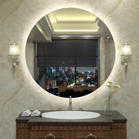 28 Inch Backlit Round LED Wall Mirror, Frameless LED Anti-Fog Bathroom Vanity Mirror, Dimmable 3 Colors, Memory Function