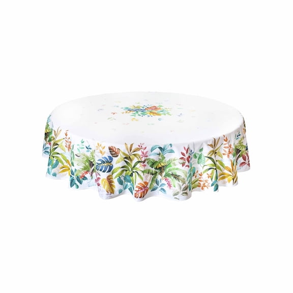 Round French Provencal Tablecloth Antilles White, 90" Round, Easy-Care Cotton Coated French Tablecloth, Spill Resistant Wipeable, Tissus Toselli, Acrylic Coated 100% Cotton, Provencal French Luxury...