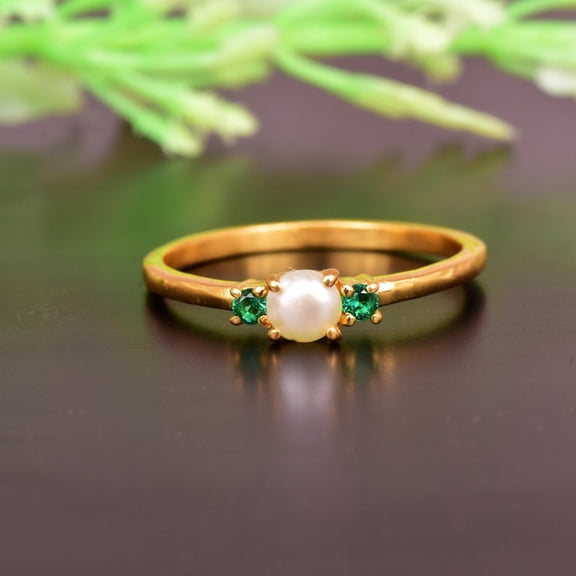 Round Freshwater White Pearl Emerald Ring Yellow Gold Plated Alternating Engagement Band June Birthstone Ring Customized Gift For Women
