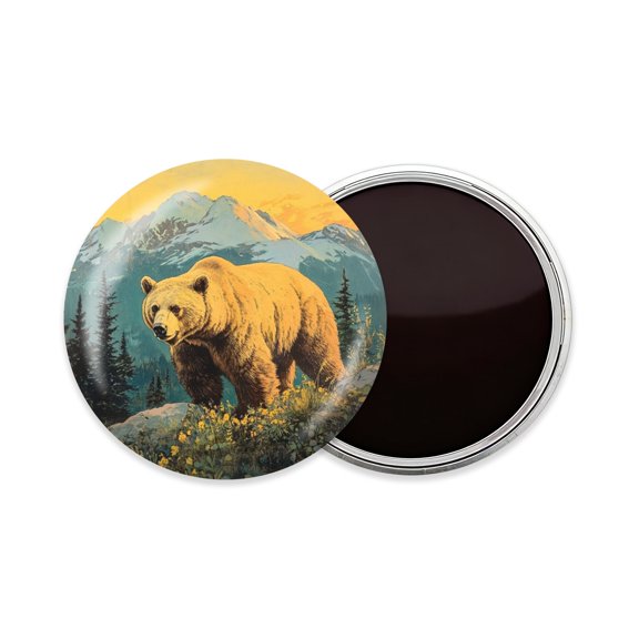 Round Fridge Magnets, 1Pcs 2.2in Cute Refrigerator Magnets Decorative for Whiteboard, Classroom, Locker, Kitchen, Birthday Gifts - Brown Bear in Scenic Alpine Setting
