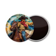Round Fridge Magnets, 1Pcs 2.2in Cute Refrigerator Magnets Decorative for Whiteboard, Classroom, Locker, Kitchen, Birthday Gifts - Cowboy Riding A Horse with A Rough - Edged Backdrop