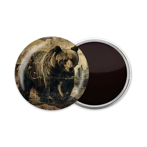 Round Fridge Magnets, 1Pcs 2.2in Cute Refrigerator Magnets Decorative for Whiteboard, Classroom, Locker, Kitchen, Birthday Gifts - Grizzly Bear in The Style of Old Collage with Torn Paper Edges