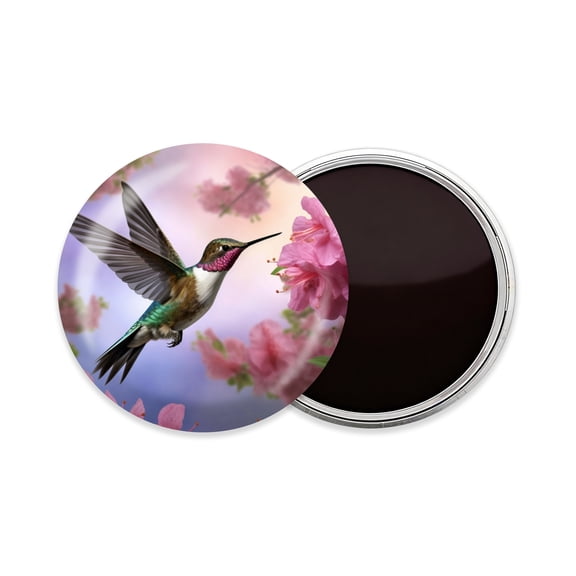 Round Fridge Magnets, 1Pcs 2.2in Cute Refrigerator Magnets Decorative for Whiteboard, Classroom, Locker, Kitchen, Birthday Gifts - Hummingbird Hovering Near Pink Azaleas