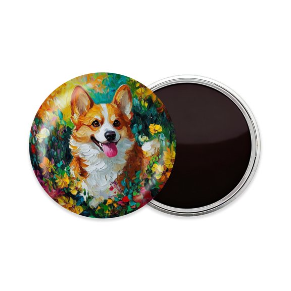Round Fridge Magnets, 1Pcs 2.2in Cute Refrigerator Magnets Decorative for Whiteboard, Classroom, Locker, Kitchen, Birthday Gifts - Jubilant Corgi Surrounded By A Blaze of Flowers