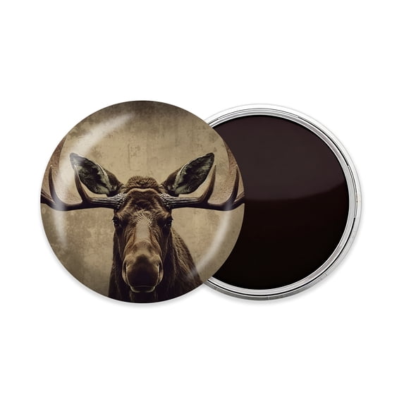 Round Fridge Magnets, 1Pcs 2.2in Cute Refrigerator Magnets Decorative for Whiteboard, Classroom, Locker, Kitchen, Birthday Gifts - Moose with Large Antlers on Head Stands in Front of Old Wall