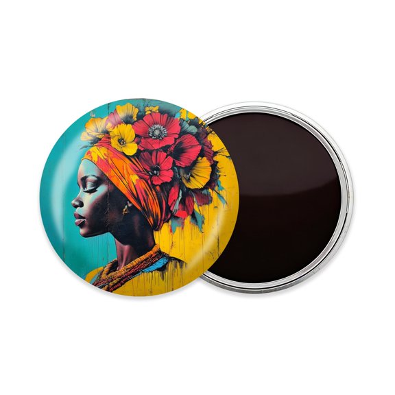 Round Fridge Magnets, 1Pcs 2.2in Cute Refrigerator Magnets Decorative for Whiteboard, Classroom, Locker, Kitchen, Birthday Gifts - Street Mural of A Woman with Flower - Adorned Headscarf