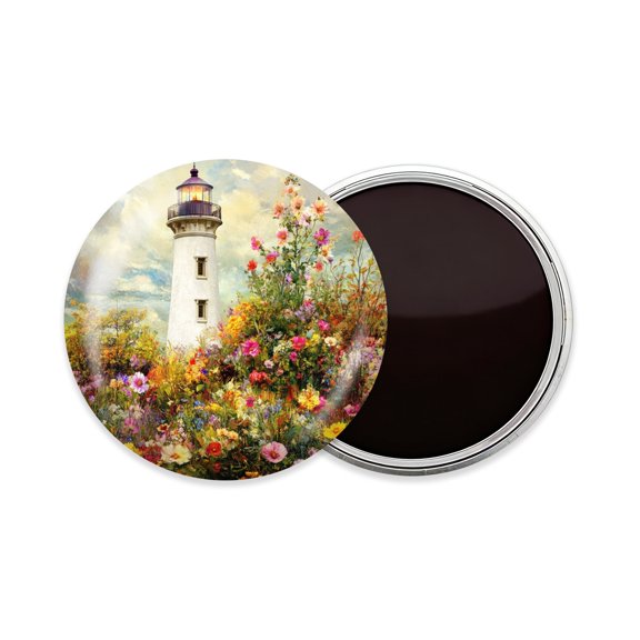 Round Fridge Magnets, 1Pcs 2.2in Cute Refrigerator Magnets Decorative for Whiteboard, Classroom, Locker, Kitchen, Birthday Gifts - White Lighthouse Surrounded By Colorful Flowers