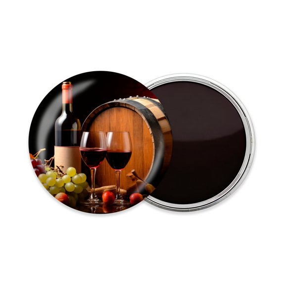 Round Fridge Magnets, 1Pcs 2.2in Cute Refrigerator Magnets Decorative for Whiteboard, Classroom, Locker, Kitchen, Birthday Gifts - Wine Glasses And Grapes on Table with Wooden Barrel