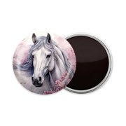 Round Fridge Magnets, 1Pcs 3in Cute Refrigerator Magnets Decorative for Whiteboard, Classroom, Locker, Kitchen, Birthday GiftsBeautiful Gray Horse Stands Among Pink Cherry Blossoms
