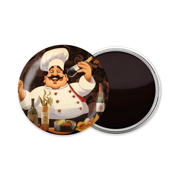 Round Fridge Magnets, 1Pcs 3in Cute Refrigerator Magnets Decorative for Whiteboard, Classroom, Locker, Kitchen, Birthday GiftsFat Happy Chef with Mustache Holding Wine Bottle And Fork in Front