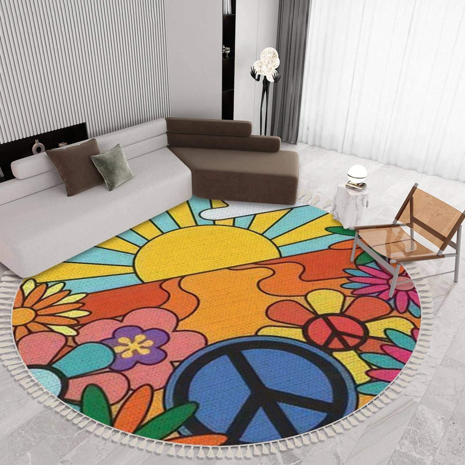 Round Fringe Shag Rugs 70s Groovy Retro Sunshine and Flowers Print with