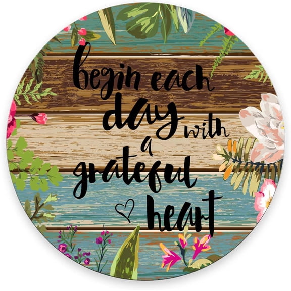 Round Gaming Mouse Pad Custom, Begin Each Day with A Grateful Heart Wood Signs with Sayings,Personalized Design Non-Slip Rubber Mousepad 7.9×7.9×0.12 inches