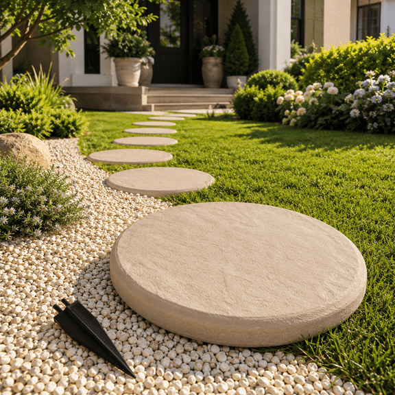 Round Garden Stepping Stone, Imitation Stone Walkway Disc with Natural Texture, Lightweight Durable Outdoor Pathway Tiles for Lawn Yard Decor 15.35x15.35in Beige